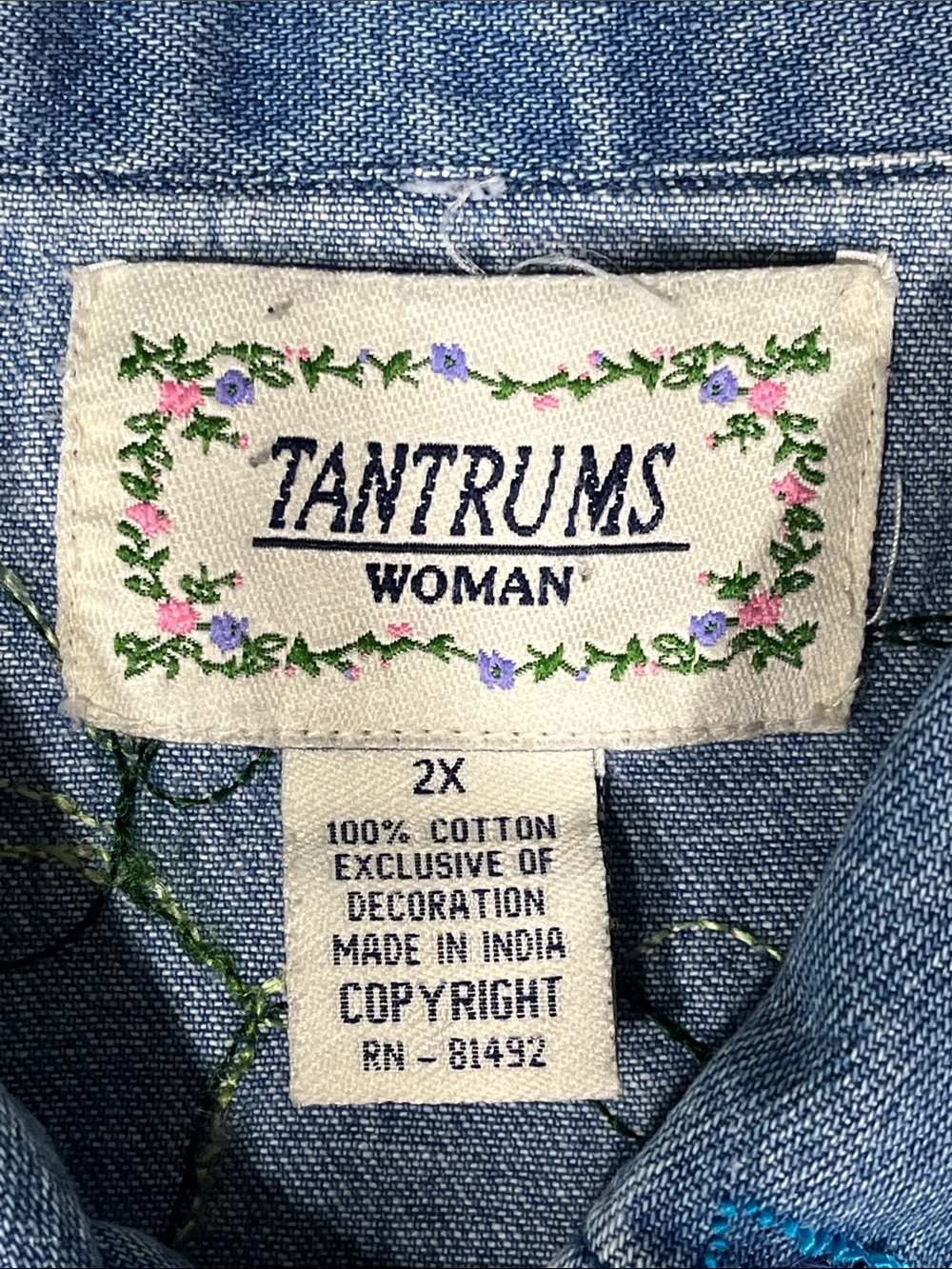 Tantrums Woman 2X Embroidered Denim Jacket Floral Button Front Cottagecore - Picture 2 of 8